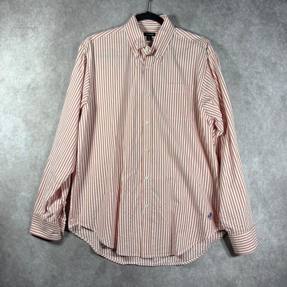 J.‎ Peterman Shirt Mens Medium Orange White Stripe Button Down Long Sleeves